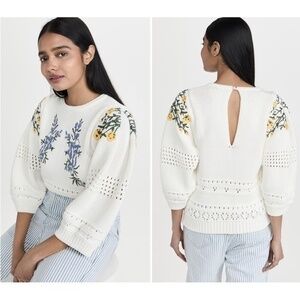 ba&sh White Knit Crewneck Sweater with Blue and Yellow Floral Embroidery